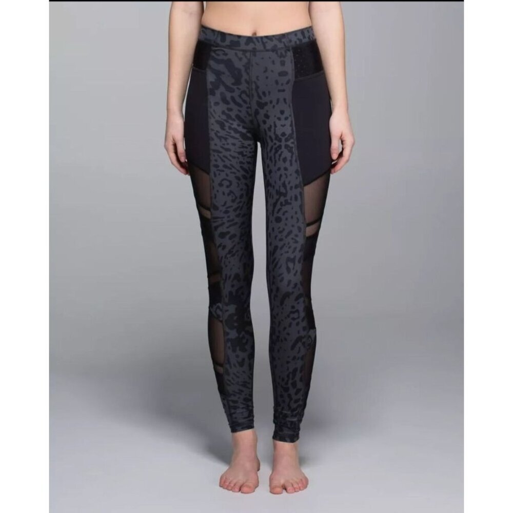 LULULEMON Just Breath Pants Animal Swirl Gray Black Mesh Leggings size 4 leopard